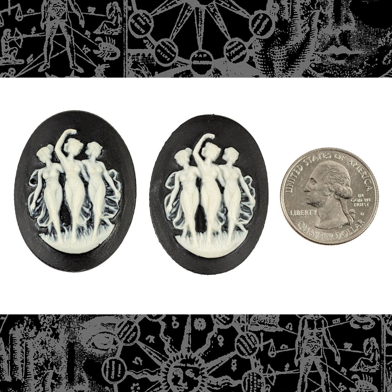 Black and Ivory Three Muses Cameos 30mm x 40mm Cameos - Set of Two - CAM222